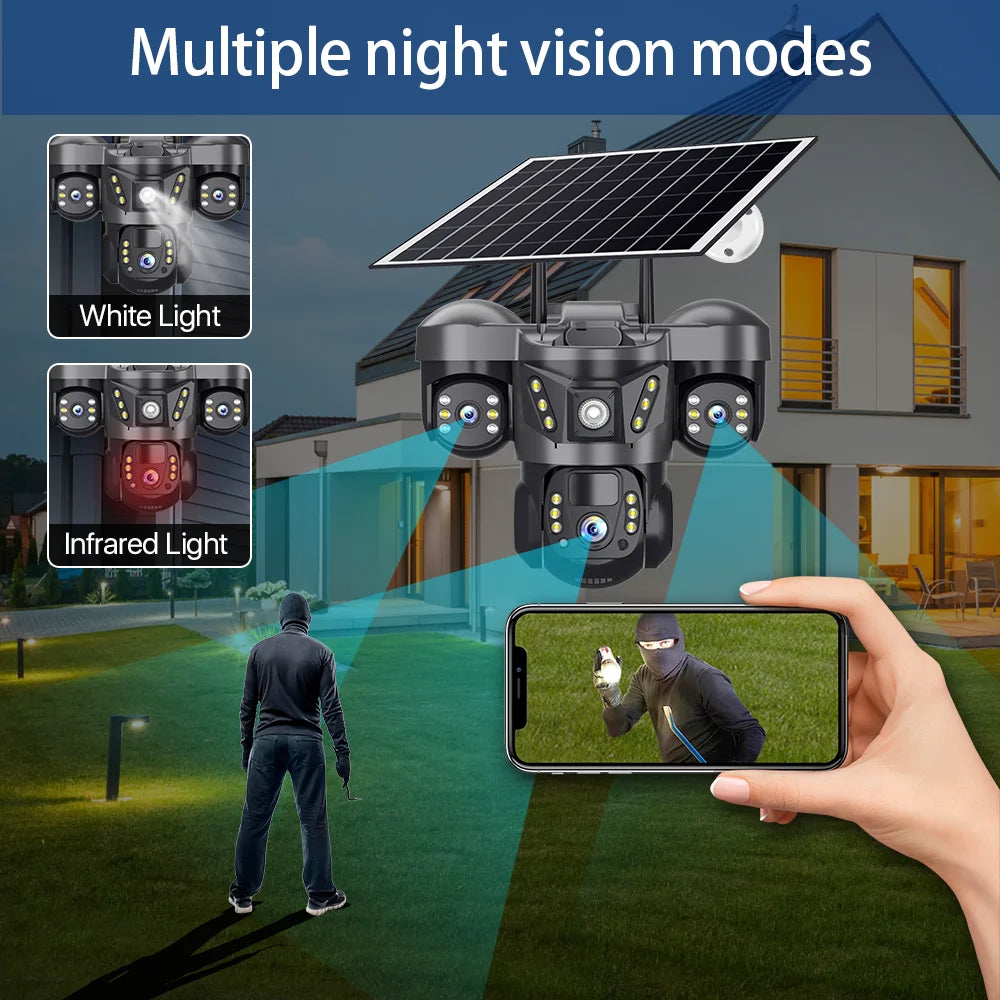 3 Lens 4G Solar Camera HD 15MP 8K Outdoor PTZ Waterproof Night Vision Two-Way Audio V380 Camera Mobile Tracking CCTV IP Camera