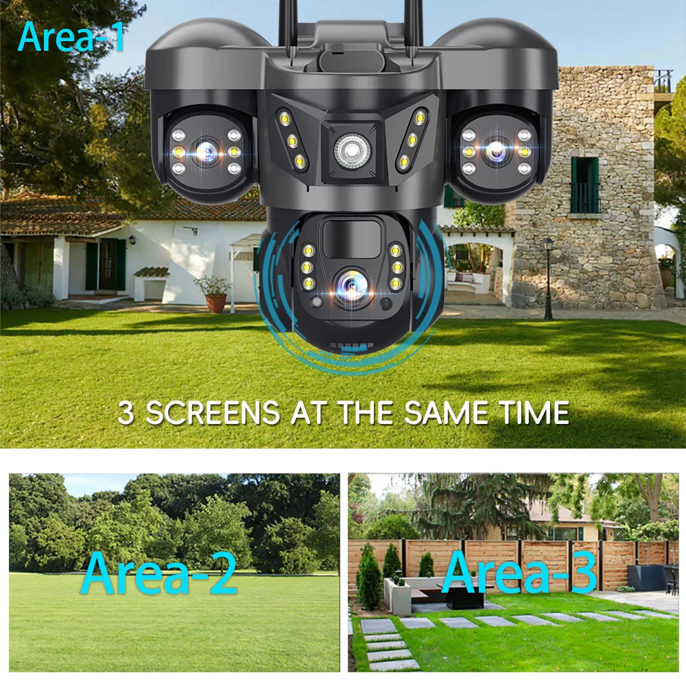 3 Lens 4G Solar Camera HD 15MP 8K Outdoor PTZ Waterproof Night Vision Two-Way Audio V380 Camera Mobile Tracking CCTV IP Camera