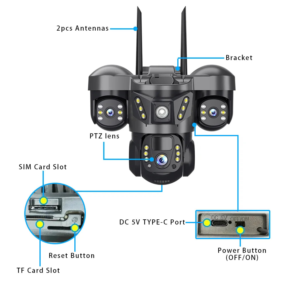 3 Lens 4G Solar Camera HD 15MP 8K Outdoor PTZ Waterproof Night Vision Two-Way Audio V380 Camera Mobile Tracking CCTV IP Camera